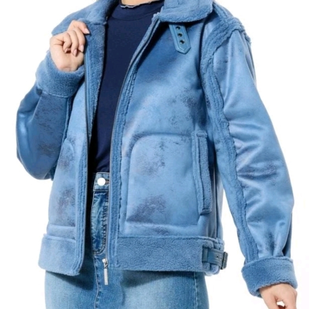 G by Giuliana Black Label Faux Suede and Shearling Zip Up Coat Size X-Small Blue